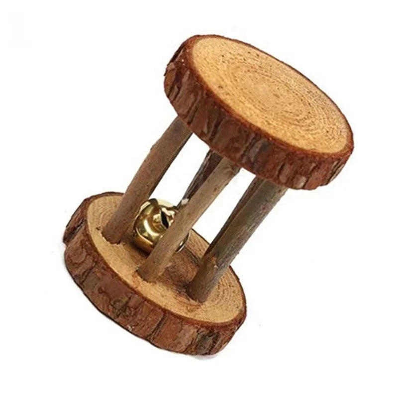 Wooden Roller Chew Toys – Natural Dumbbells & Bells for Small Pets