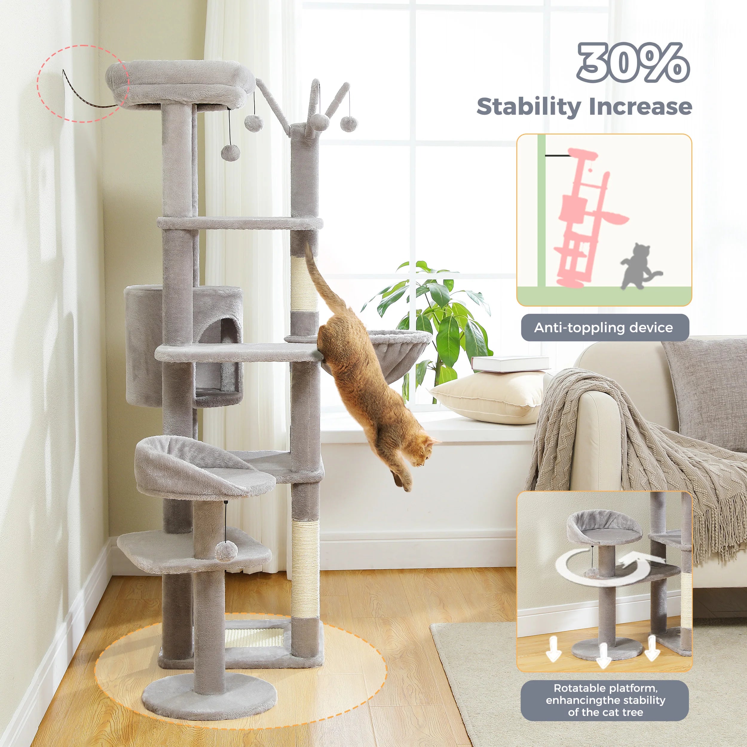 Large Indoor Cat Tree with XL Hammock & Scratching Posts