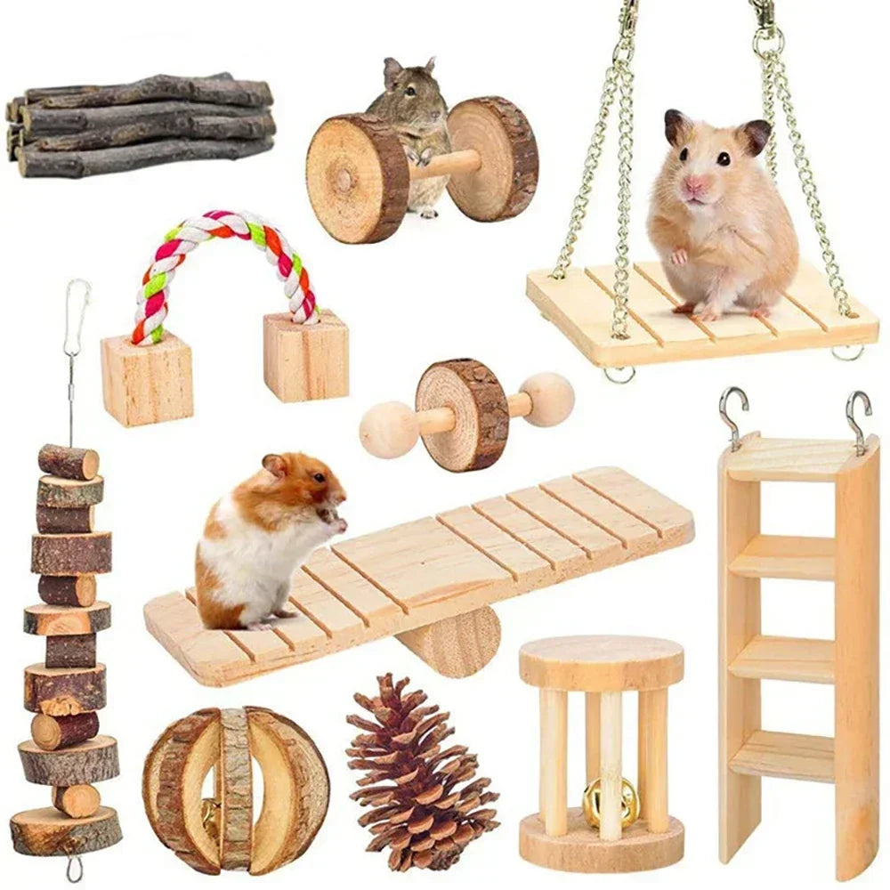 Wooden Roller Chew Toys – Natural Dumbbells & Bells for Small Pets