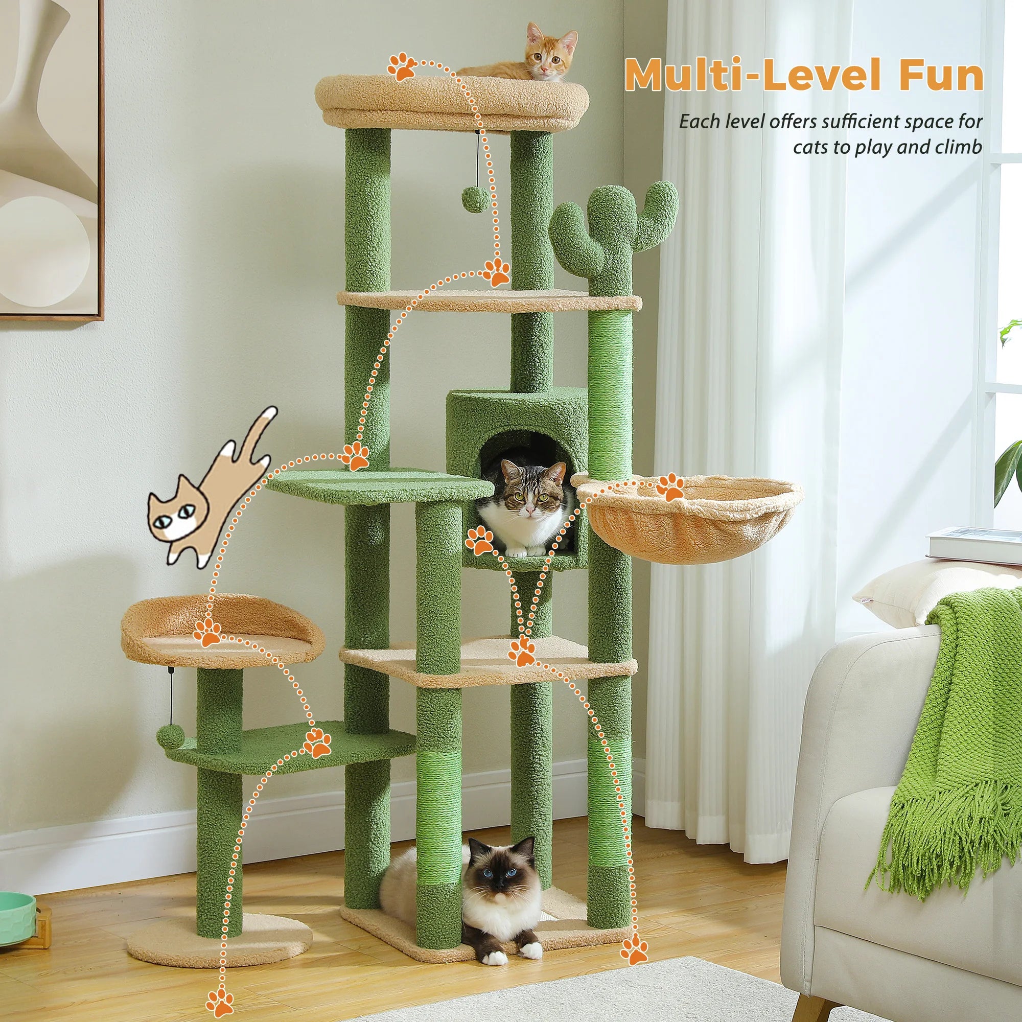 Large Indoor Cat Tree with XL Hammock & Scratching Posts