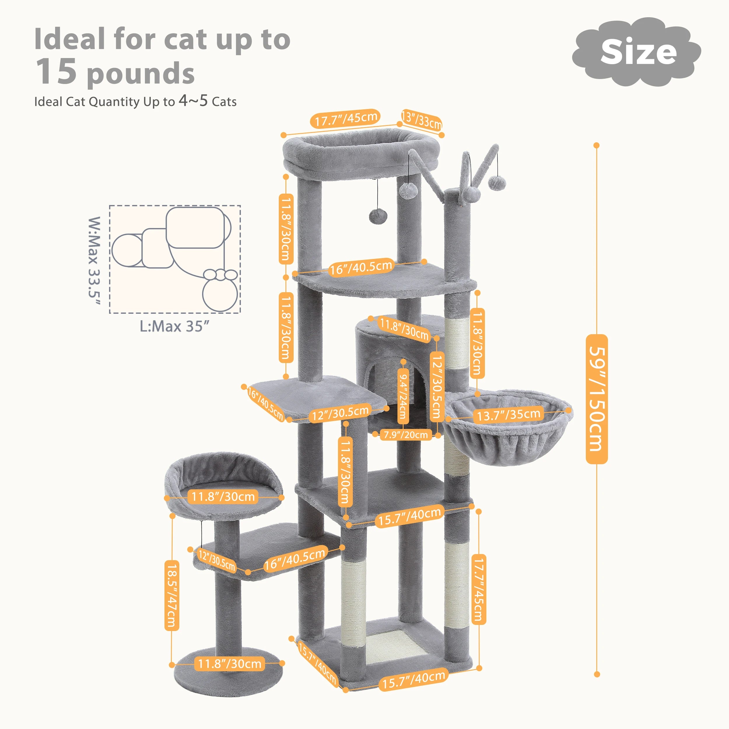 Large Indoor Cat Tree with XL Hammock & Scratching Posts