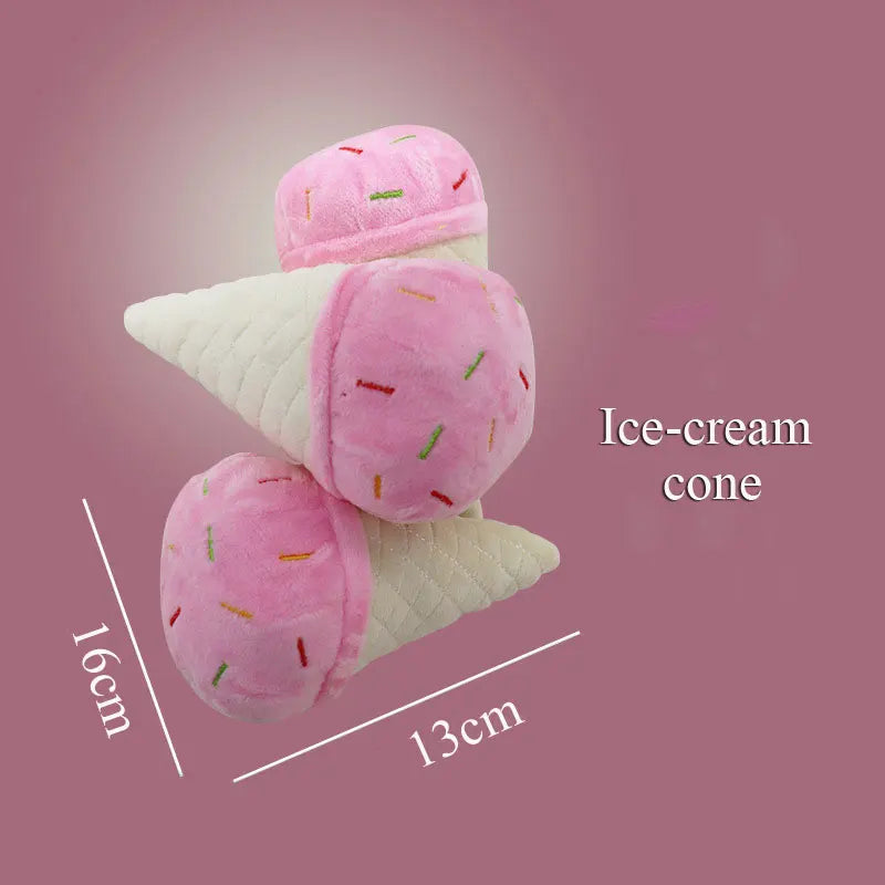 Plush Squeaky Dog Toys – Food-Shaped Chew Toys (Ice Cream, Fries, Hamburger)